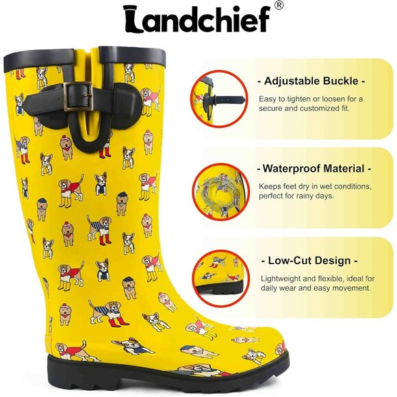 Women's Pup Parade Yellow Waterproof Tall Knee High Rubber landchief Rain Boot - Picture 4 of 7